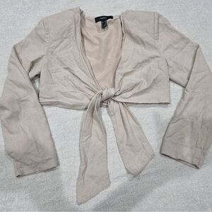 Forever 21 Light Beige tie front crop linen top